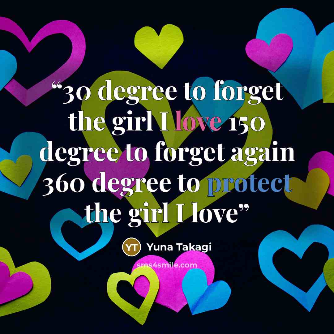 “30 degree to forget the girl I love 150 degree to forget again 360 degree to protect the girl I love” quote by Yuna Takagi