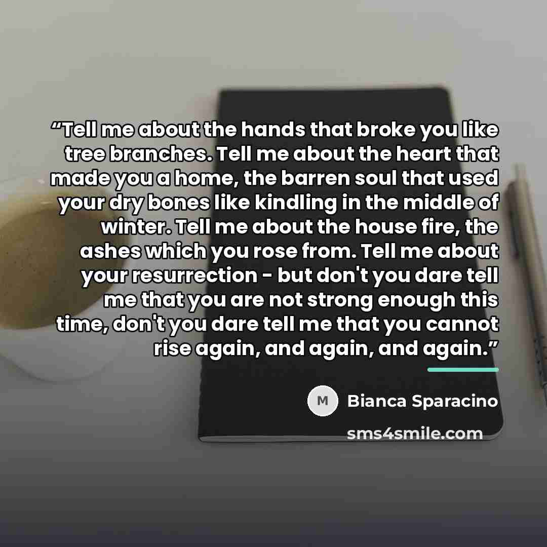 “Tell me about the hands that broke you like tree branches. Tell me about the heart that made you a home, the barren soul that used your dry bones like kindling in the middle of winter. Tell me about the house fire, the ashes which you rose from. Tell me about your resurrection - but don't you dare…” quote by Bianca Sparacino