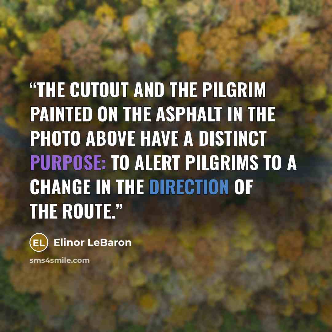 “The cutout and the pilgrim painted on the asphalt in the photo above have a distinct purpose: to alert pilgrims to a change in the direction of the route.” quote by Elinor LeBaron