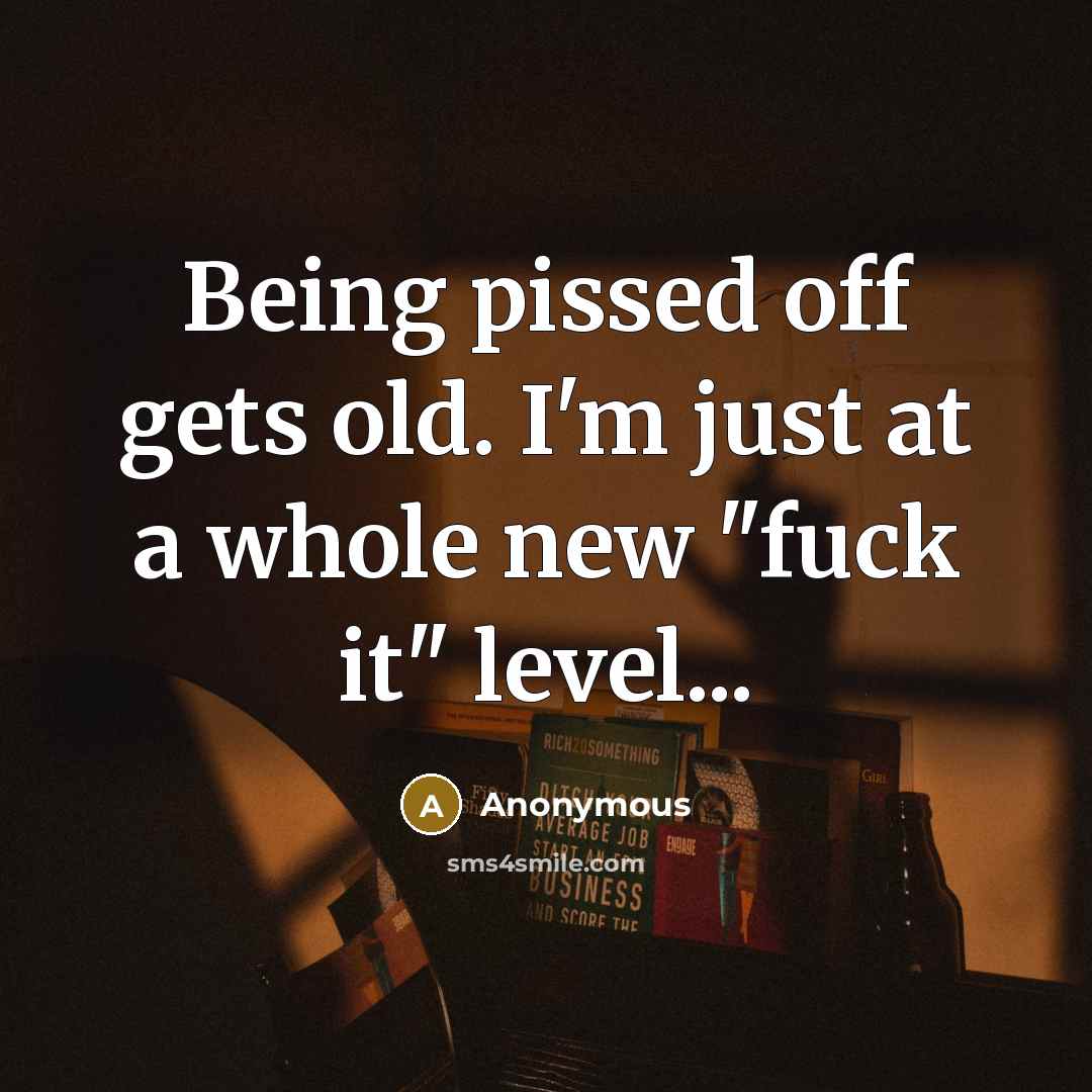 “Being pissed off gets old. I'm just at a whole new "fuck it" level...” quote by Anonymous
