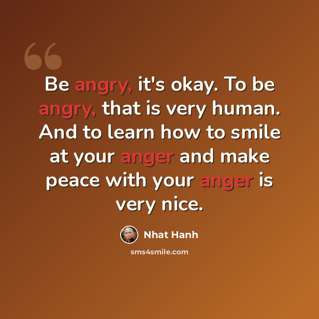 “Be angry, it's okay. To be angry, that is very human. And to learn how to smile at your anger and make peace with your anger is very nice.” quote by Nhat Hanh