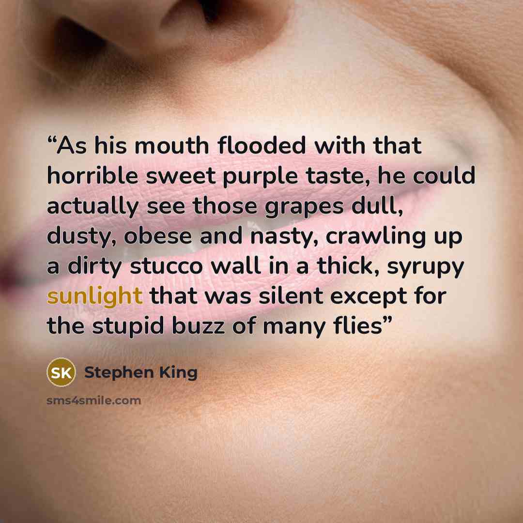 “As his mouth flooded with that horrible sweet purple taste, he could actually see those grapes dull, dusty, obese and nasty, crawling up a dirty stucco wall in a thick, syrupy sunlight that was silent except for the stupid buzz of many flies” quote by Stephen King
