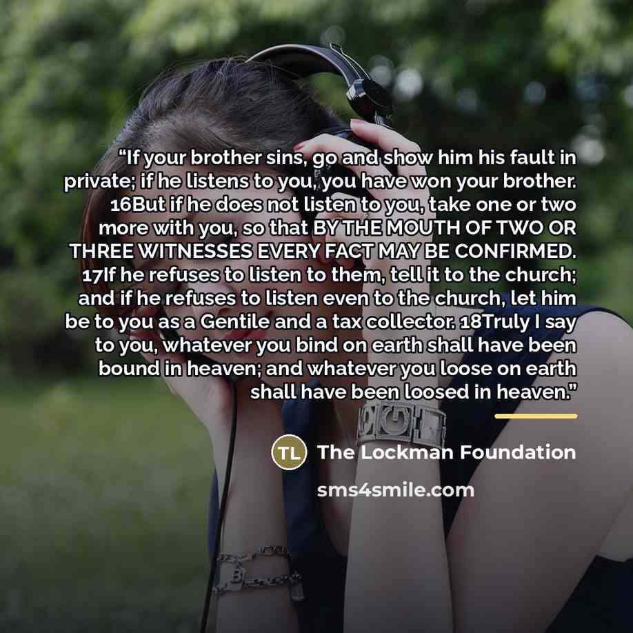 “If your brother sins, go and show him his fault in private; if he listens to you, you have won your brother. 16But if he does not listen to you, take one or two more with you, so that BY THE MOUTH OF TWO OR THREE WITNESSES EVERY FACT MAY BE CONFIRMED. 17If he refuses to listen to them, tell it to…” quote by The Lockman Foundation