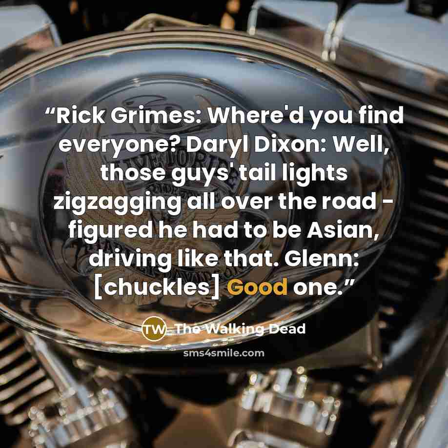 “Rick Grimes: Where'd you find everyone? Daryl Dixon: Well, those guys' tail lights zigzagging all over the road - figured he had to be Asian, driving like that. Glenn: [chuckles] Good one.” quote by The Walking Dead