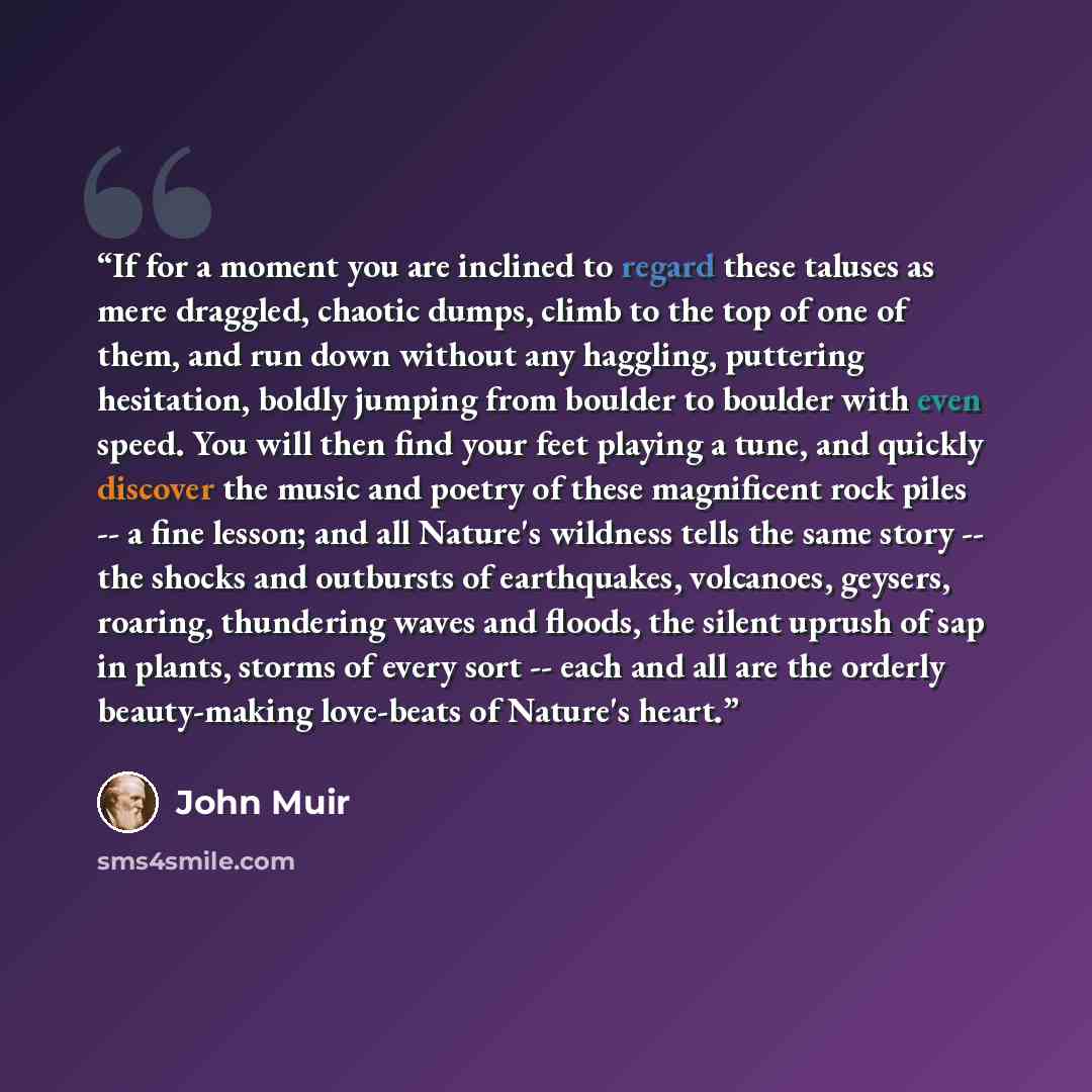 “If for a moment you are inclined to regard these taluses as mere draggled, chaotic dumps, climb to the top of one of them, and run down without any haggling, puttering hesitation, boldly jumping from boulder to boulder with even speed. You will then find your feet playing a tune, and quickly…” quote by John Muir