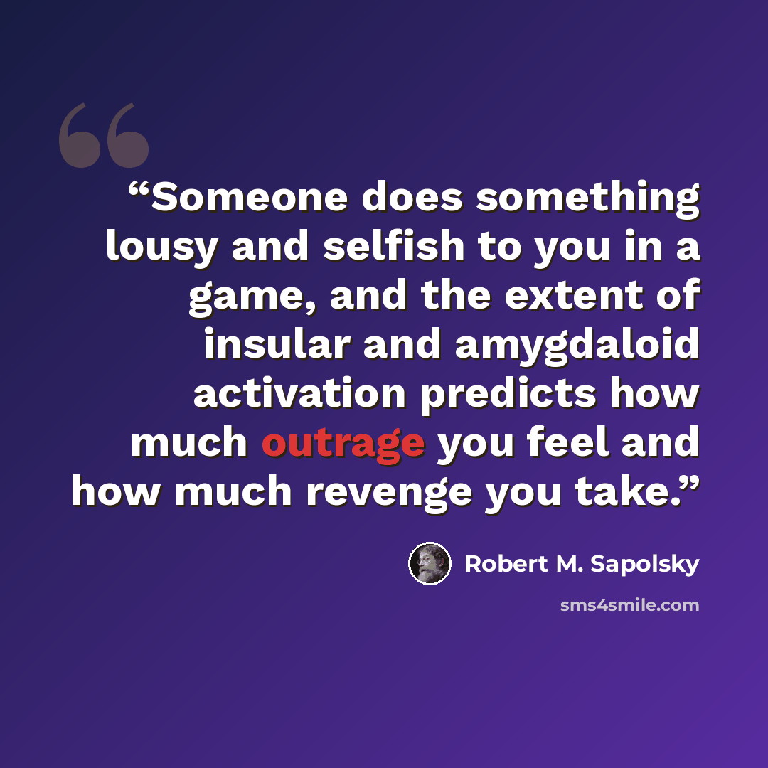 “Someone does something lousy and selfish to you in a game, and the extent of insular and amygdaloid activation predicts how much outrage you feel and how much revenge you take.” quote by Robert M. Sapolsky