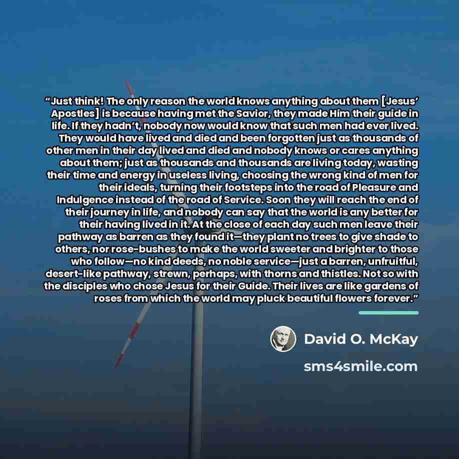“Just think! The only reason the world knows anything about them [Jesus’ Apostles] is because having met the Savior, they made Him their guide in life. If they hadn’t, nobody now would know that such men had ever lived. They would have lived and died and been forgotten just as thousands of other…” quote by David O. McKay