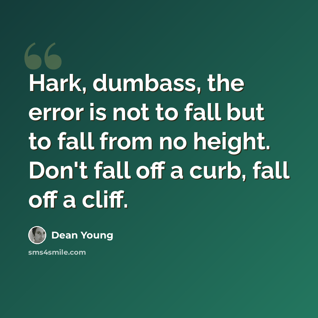 “Hark, dumbass, the error is not to fall but to fall from no height. Don't fall off a curb, fall off a cliff.” quote by Dean Young