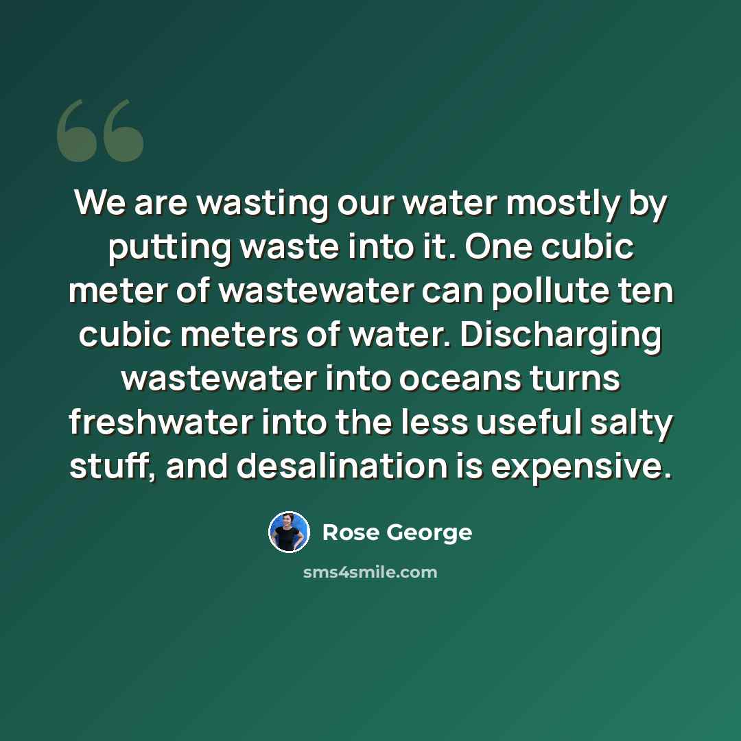 “We are wasting our water mostly by putting waste into it. One cubic meter of wastewater can pollute ten cubic meters of water. Discharging wastewater into oceans turns freshwater into the less useful salty stuff, and desalination is expensive.” quote by Rose George