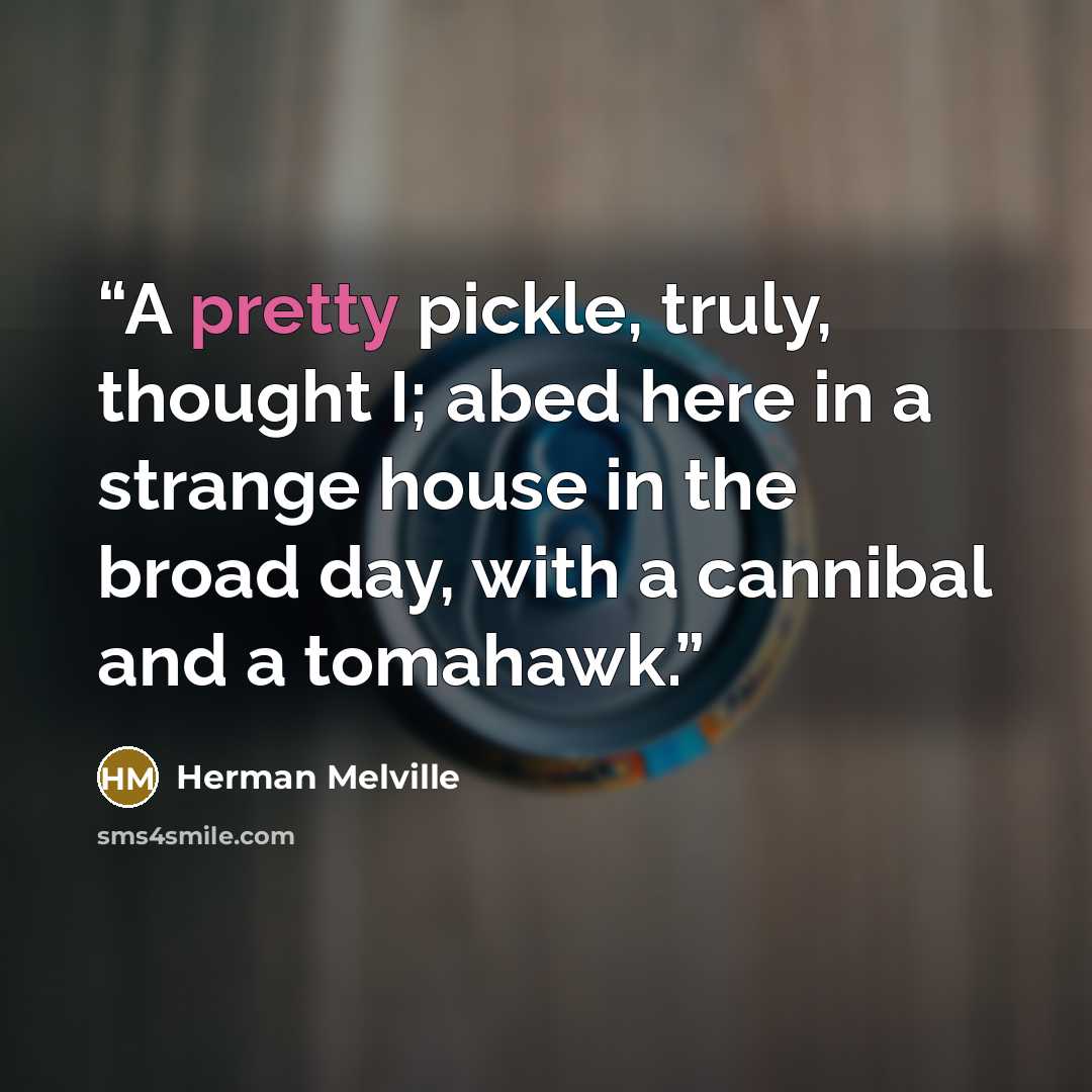 “A pretty pickle, truly, thought I; abed here in a strange house in the broad day, with a cannibal and a tomahawk.” quote by Herman Melville