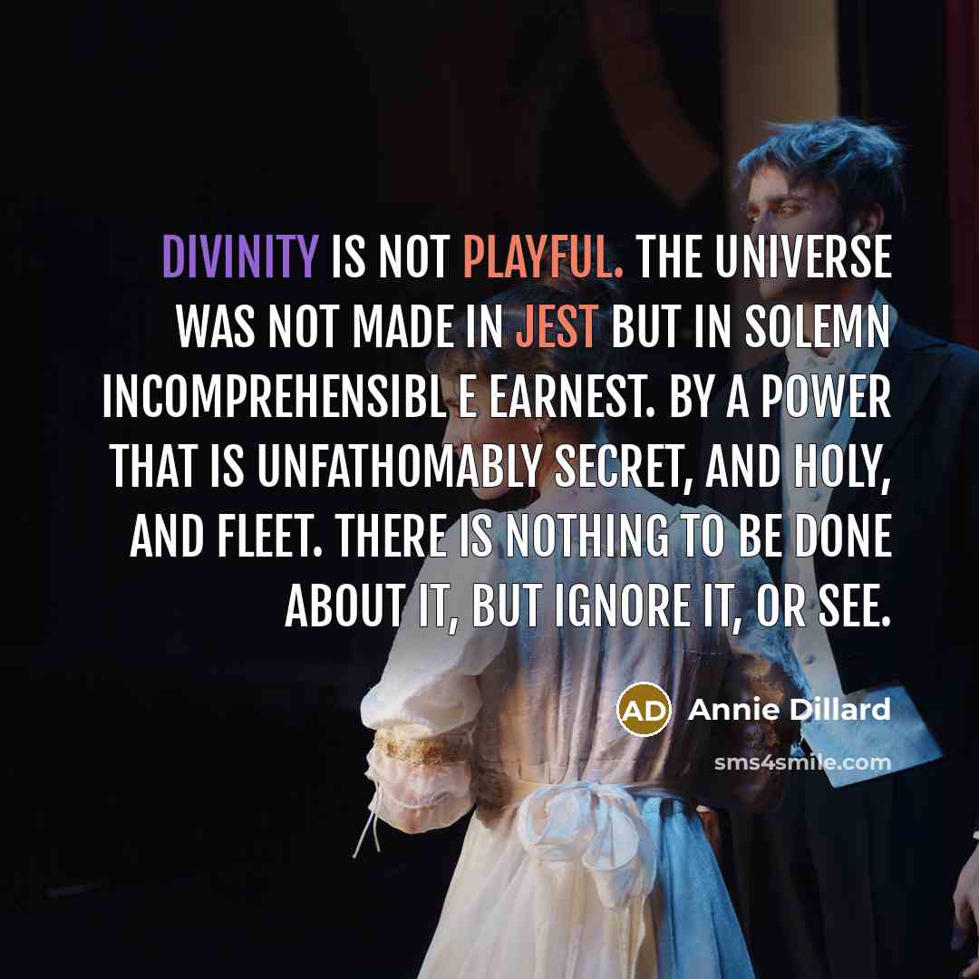 “Divinity is not playful. The universe was not made in jest but in solemn incomprehensibl e earnest. By a power that is unfathomably secret, and holy, and fleet. There is nothing to be done about it, but ignore it, or see.” quote by Annie Dillard