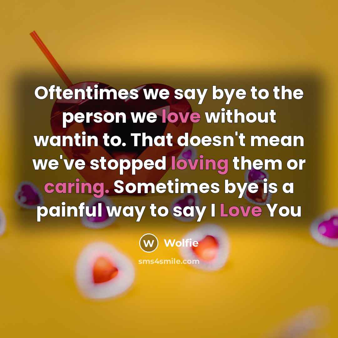 “Oftentimes we say bye to the person we love without wantin to. That doesn't mean we've stopped loving them or caring. Sometimes bye is a painful way to say I Love You” quote by Wolfie