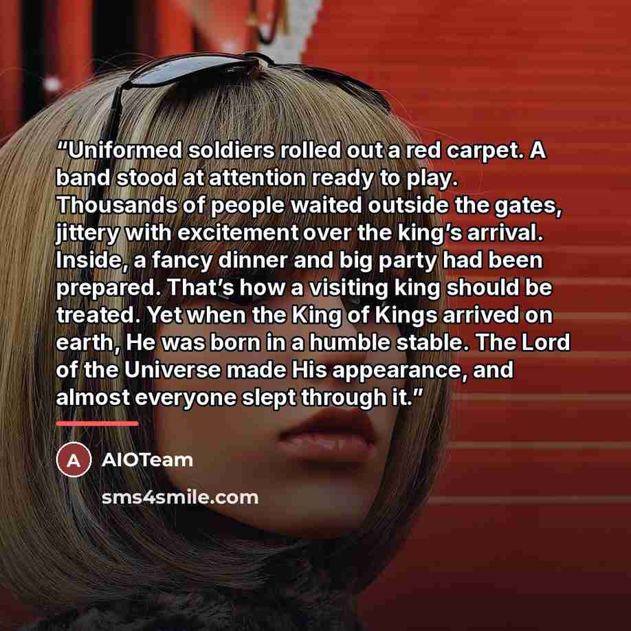 “Uniformed soldiers rolled out a red carpet. A band stood at attention ready to play. Thousands of people waited outside the gates, jittery with excitement over the king’s arrival. Inside, a fancy dinner and big party had been prepared. That’s how a visiting king should be treated. Yet when the…” quote by AIOTeam