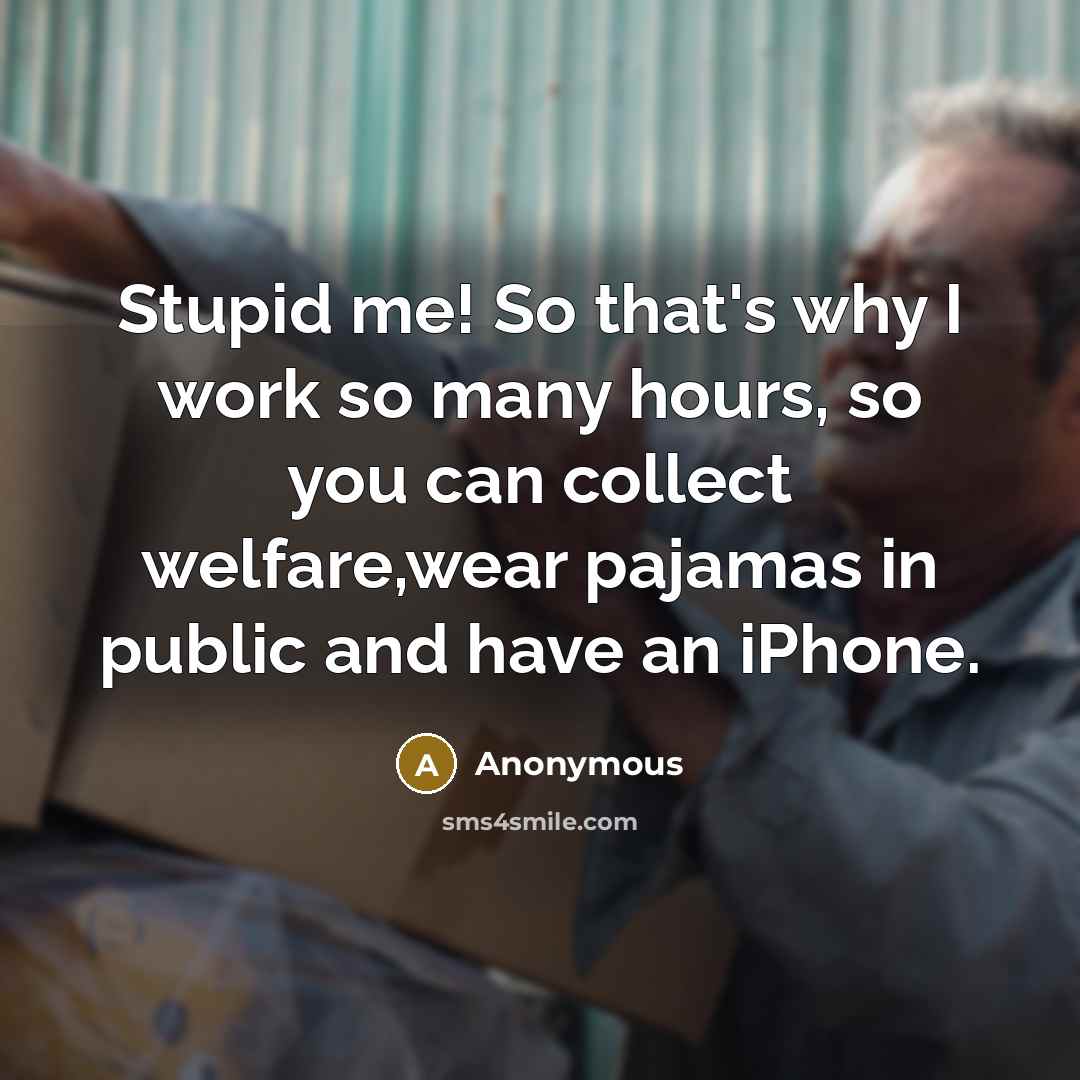 “Stupid me! So that's why I work so many hours, so you can collect welfare,wear pajamas in public and have an iPhone.” quote by Anonymous