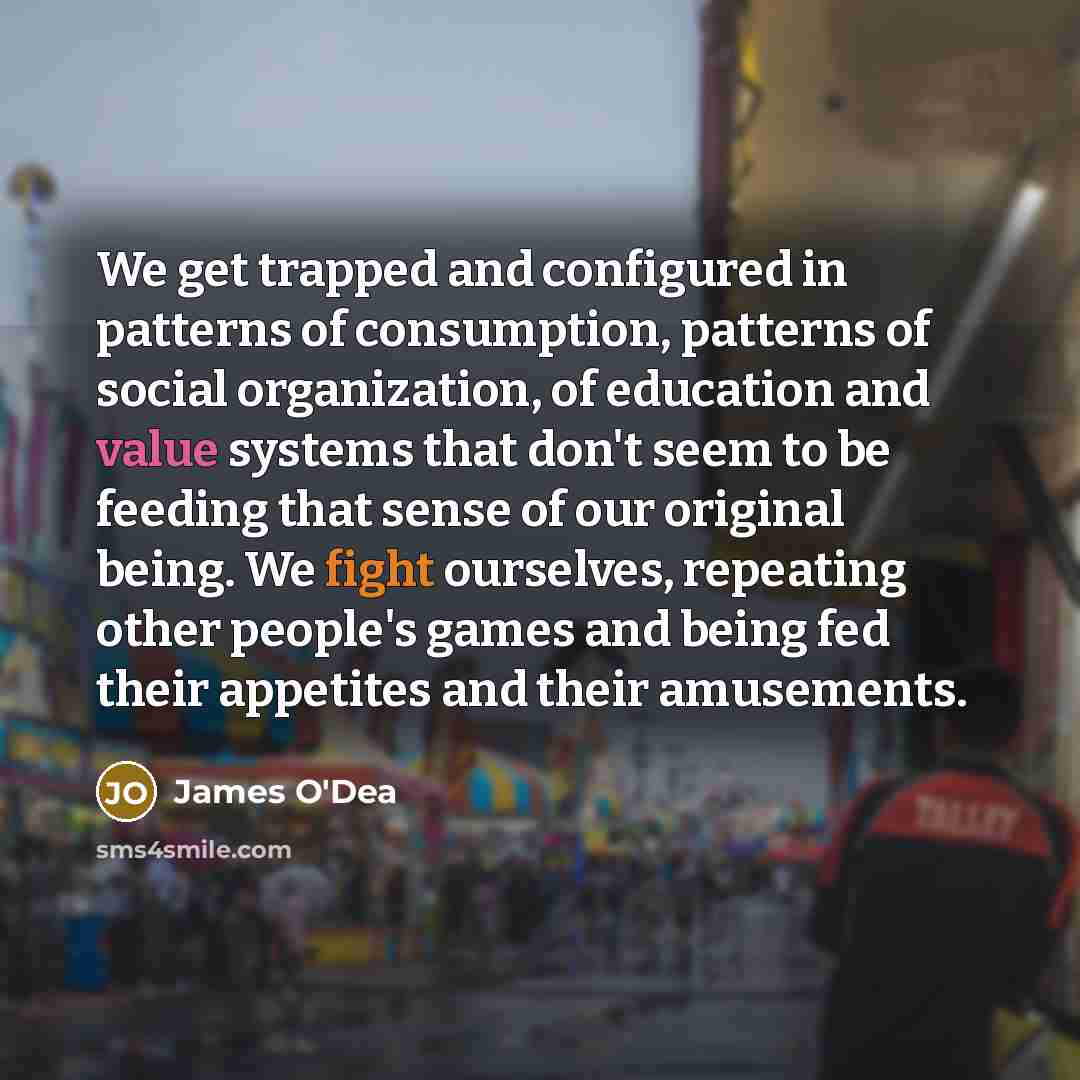 “We get trapped and configured in patterns of consumption, patterns of social organization, of education and value systems that don't seem to be feeding that sense of our original being. We fight ourselves, repeating other people's games and being fed their appetites and their amusements.” quote by James O'Dea