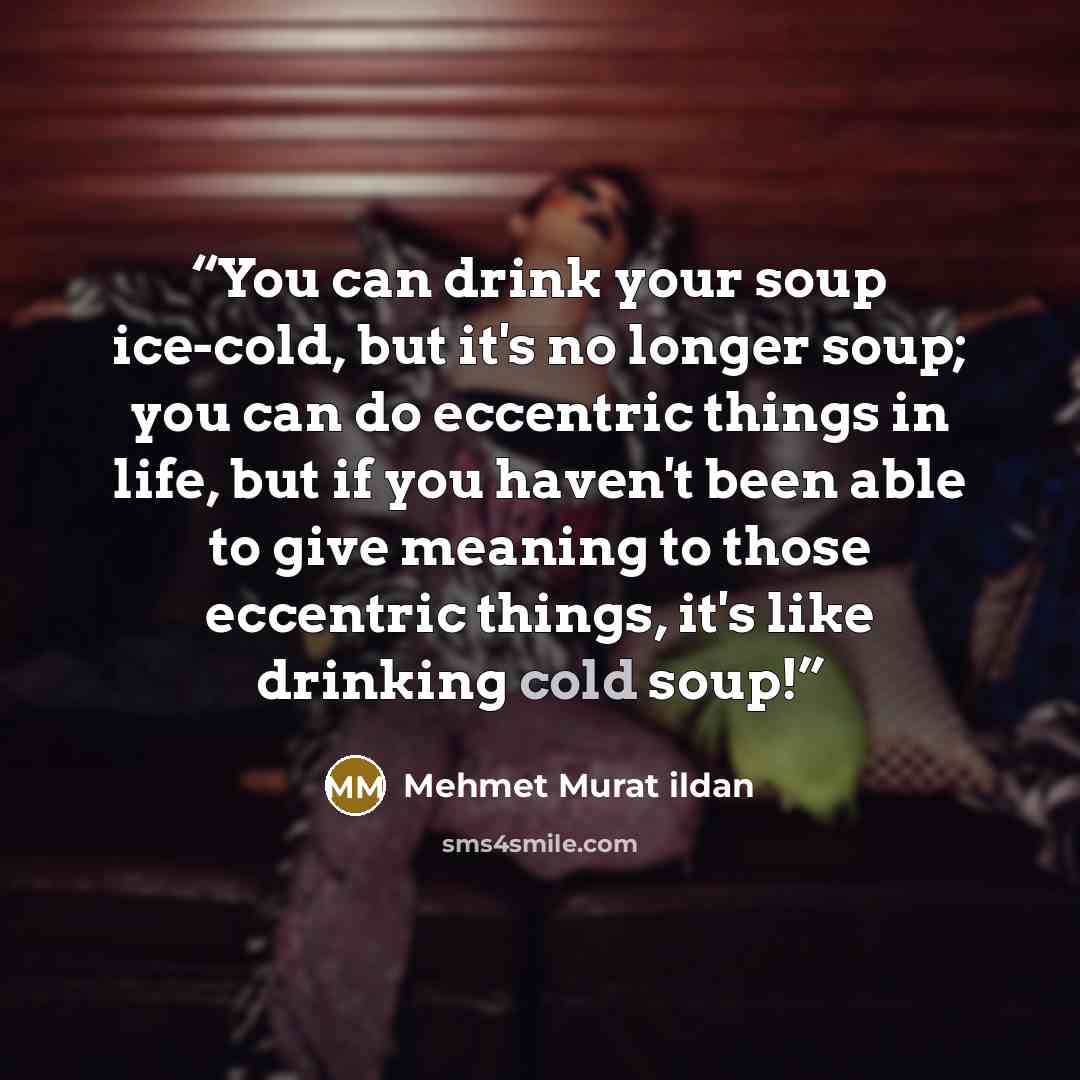 “You can drink your soup ice-cold, but it's no longer soup; you can do eccentric things in life, but if you haven't been able to give meaning to those eccentric things, it's like drinking cold soup!” quote by Mehmet Murat ildan
