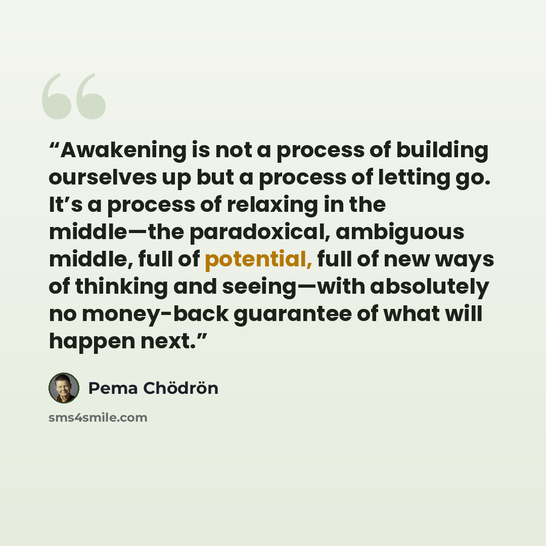 “Awakening is not a process of building ourselves up but a process of letting go. It’s a process of relaxing in the middle—the paradoxical, ambiguous middle, full of potential, full of new ways of thinking and seeing—with absolutely no money-back guarantee of what will happen next.” quote by Pema Chödrön
