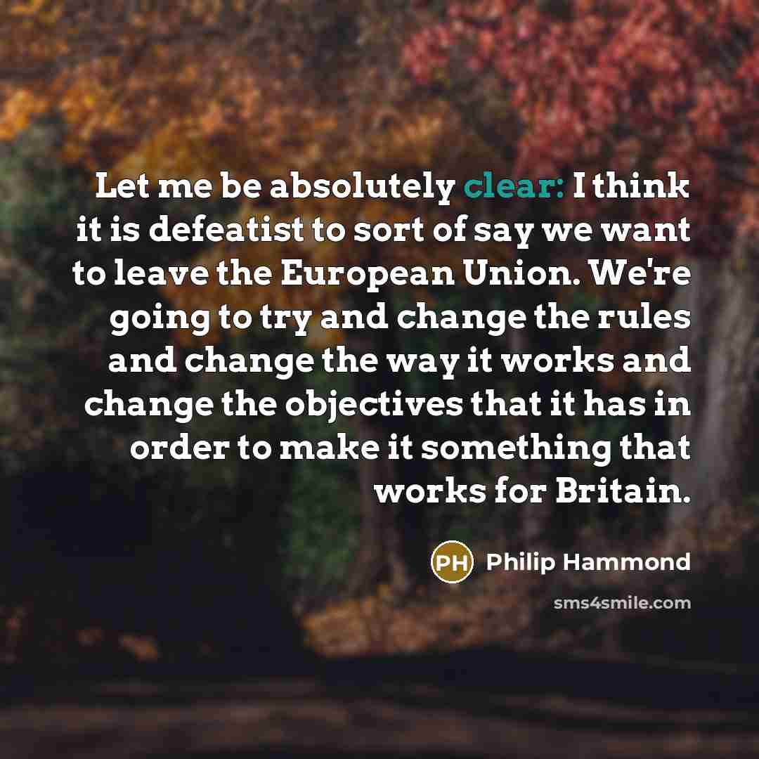 “Let me be absolutely clear: I think it is defeatist to sort of say we want to leave the European Union. We're going to try and change the rules and change the way it works and change the objectives that it has in order to make it something that works for Britain.” quote by Philip Hammond
