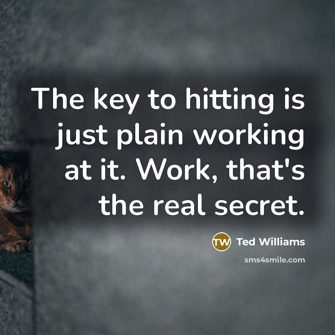 “The key to hitting is just plain working at it. Work, that's the real secret.” quote by Ted Williams
