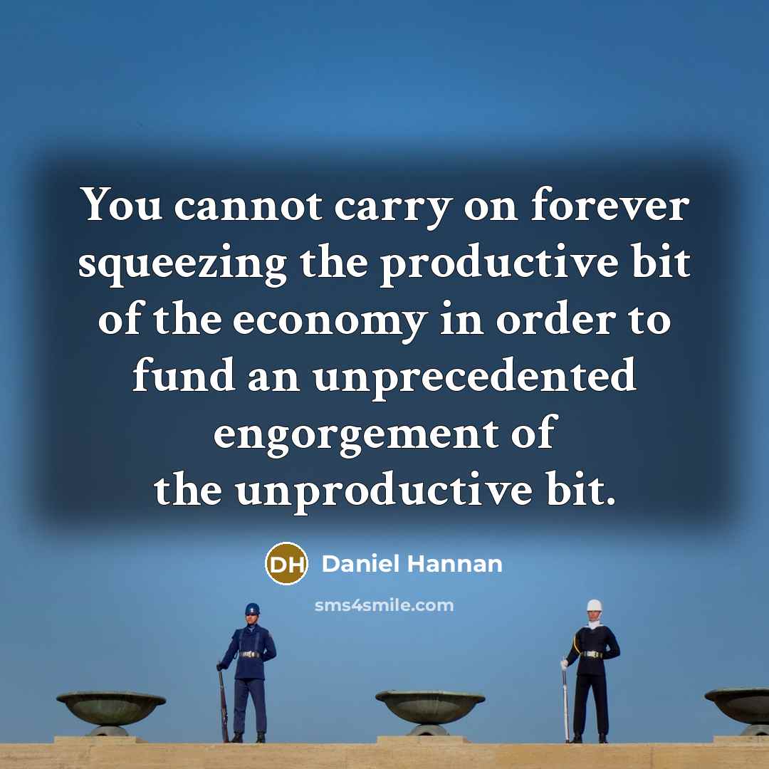 “You cannot carry on forever squeezing the productive bit of the economy in order to fund an unprecedented engorgement of the unproductive bit.” quote by Daniel Hannan