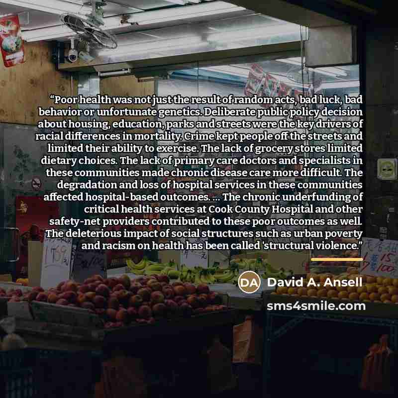 “Poor health was not just the result of random acts, bad luck, bad behavior or unfortunate genetics. Deliberate public policy decision about housing, education, parks and streets were the key drivers of racial differences in mortality. Crime kept people off the streets and limited their ability to…” quote by David A. Ansell