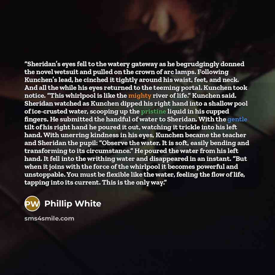 “Sheridan’s eyes fell to the watery gateway as he begrudgingly donned the novel wetsuit and pulled on the crown of arc lamps. Following Kunchen’s lead, he cinched it tightly around his waist, feet, and neck. And all the while his eyes returned to the teeming portal. Kunchen took notice. “This…” quote by Phillip White