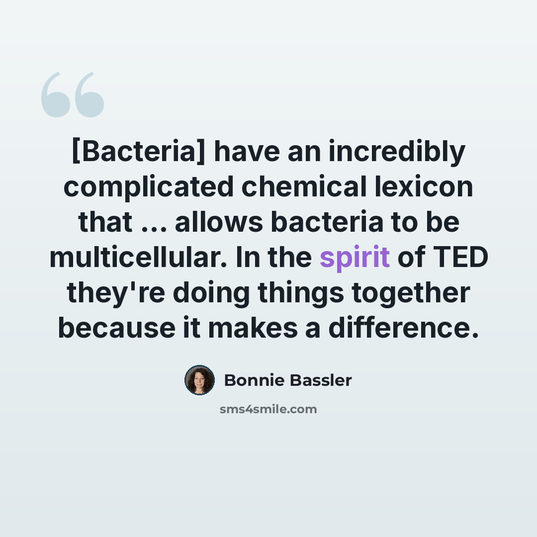 “[Bacteria] have an incredibly complicated chemical lexicon that ... allows bacteria to be multicellular. In the spirit of TED they're doing things together because it makes a difference.” quote by Bonnie Bassler