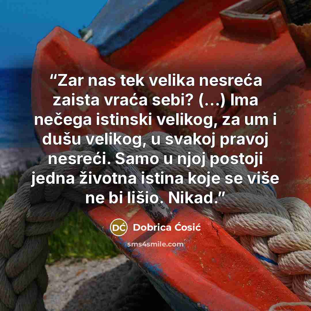 “Zar nas tek velika nesreća zaista vraća sebi? (...) Ima nečega istinski velikog, za um i dušu velikog, u svakoj pravoj nesreći. Samo u njoj postoji jedna životna istina koje se više ne bi lišio. Nikad.” quote by Dobrica Ćosić