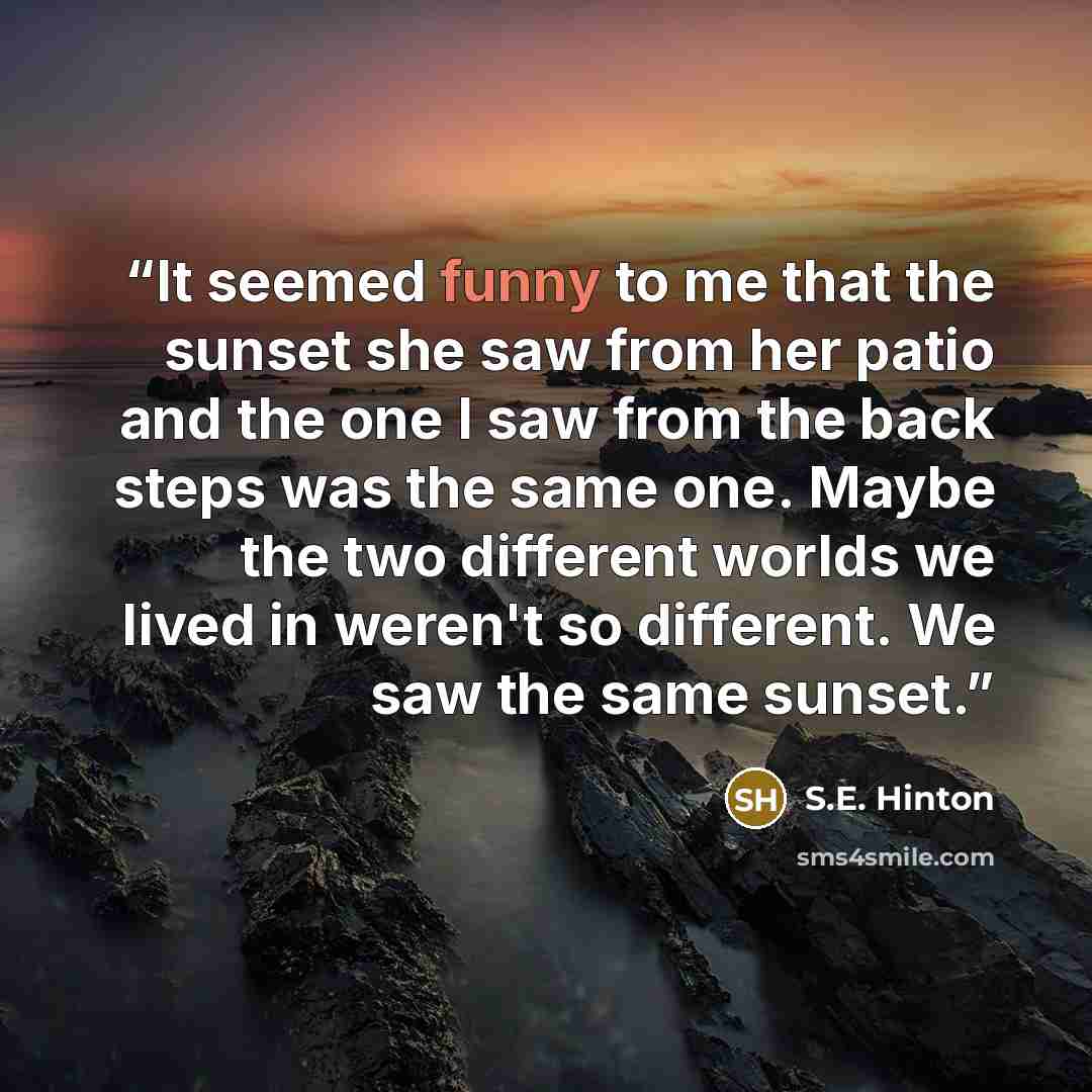 “It seemed funny to me that the sunset she saw from her patio and the one I saw from the back steps was the same one. Maybe the two different worlds we lived in weren't so different. We saw the same sunset.” quote by S.E. Hinton