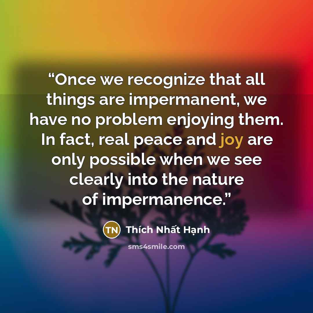 “Once we recognize that all things are impermanent, we have no problem enjoying them. In fact, real peace and joy are only possible when we see clearly into the nature of impermanence.” quote by Thich Nhat Hanh