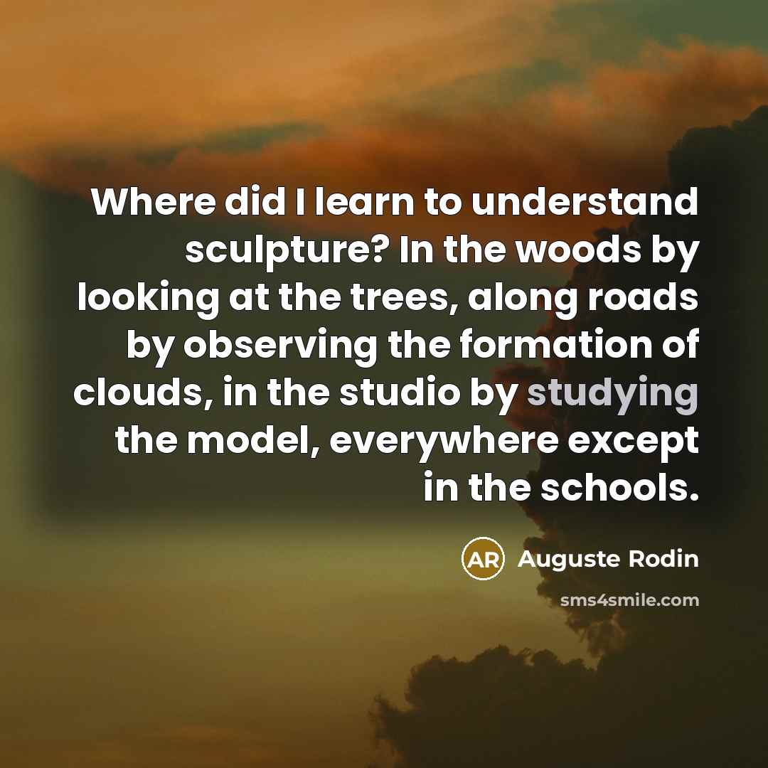 “Where did I learn to understand sculpture? In the woods by looking at the trees, along roads by observing the formation of clouds, in the studio by studying the model, everywhere except in the schools.” quote by Auguste Rodin
