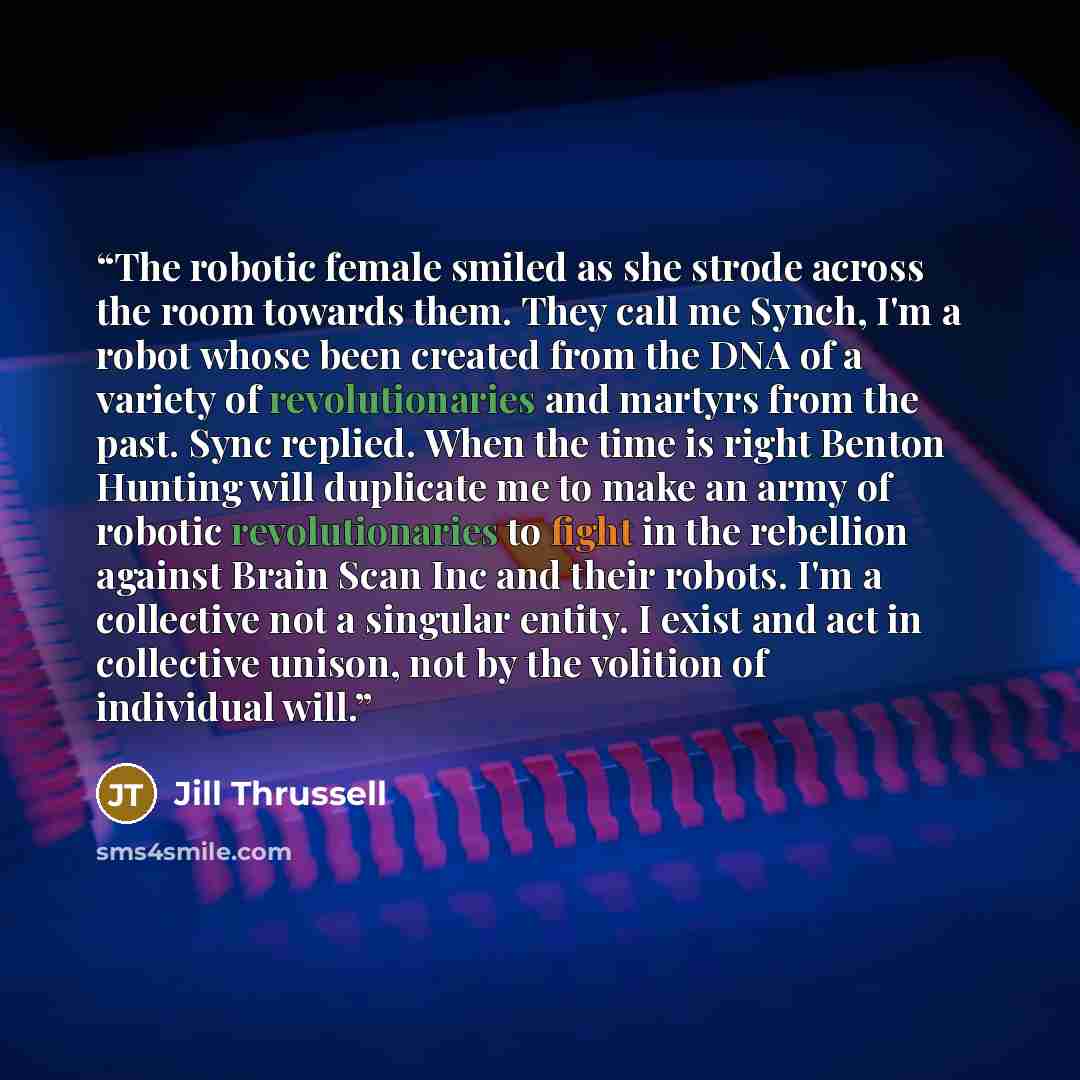 “The robotic female smiled as she strode across the room towards them. They call me Synch, I'm a robot whose been created from the DNA of a variety of revolutionaries and martyrs from the past. Sync replied. When the time is right Benton Hunting will duplicate me to make an army of robotic…” quote by Jill Thrussell