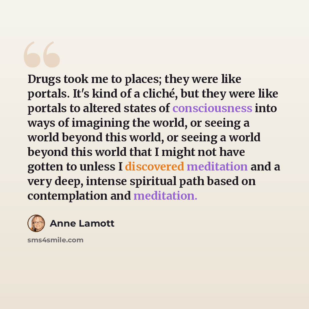 “Drugs took me to places; they were like portals. It's kind of a cliché, but they were like portals to altered states of consciousness into ways of imagining the world, or seeing a world beyond this world, or seeing a world beyond this world that I might not have gotten to unless I discovered…” quote by Anne Lamott