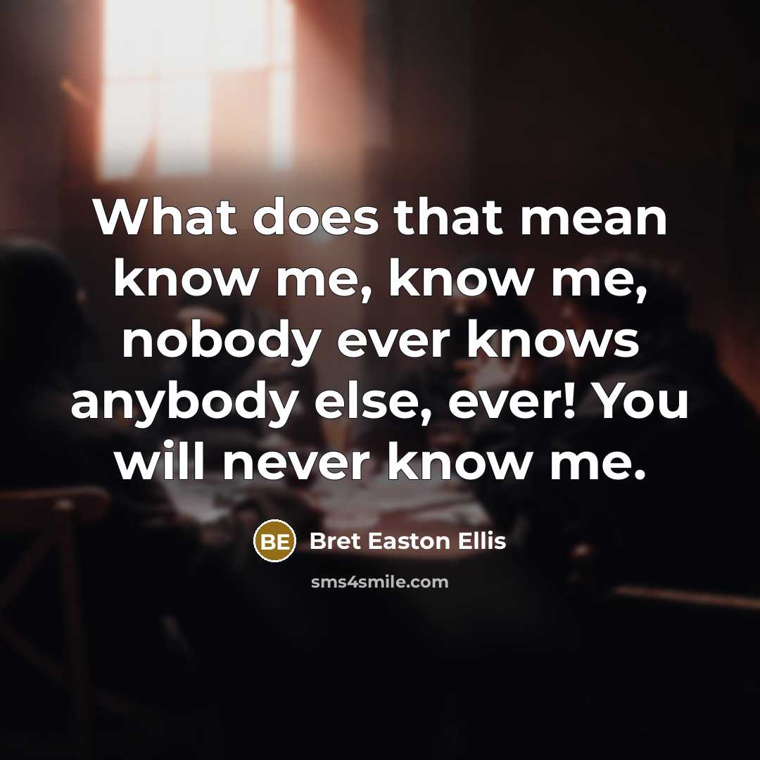 “What does that mean know me, know me, nobody ever knows anybody else, ever! You will never know me.” quote by Bret Easton Ellis
