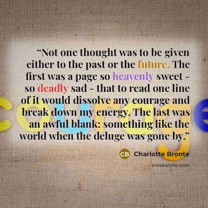 “Not one thought was to be given either to the past or the future. The first was a page so heavenly sweet - so deadly sad - that to read one line of it would dissolve any courage and break down my energy. The last was an awful blank: something like the world when the deluge was gone by.” quote by Charlotte Bronte