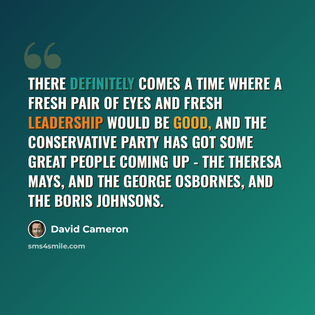 “There definitely comes a time where a fresh pair of eyes and fresh leadership would be good, and the Conservative Party has got some great people coming up - the Theresa Mays, and the George Osbornes, and the Boris Johnsons.” quote by David Cameron