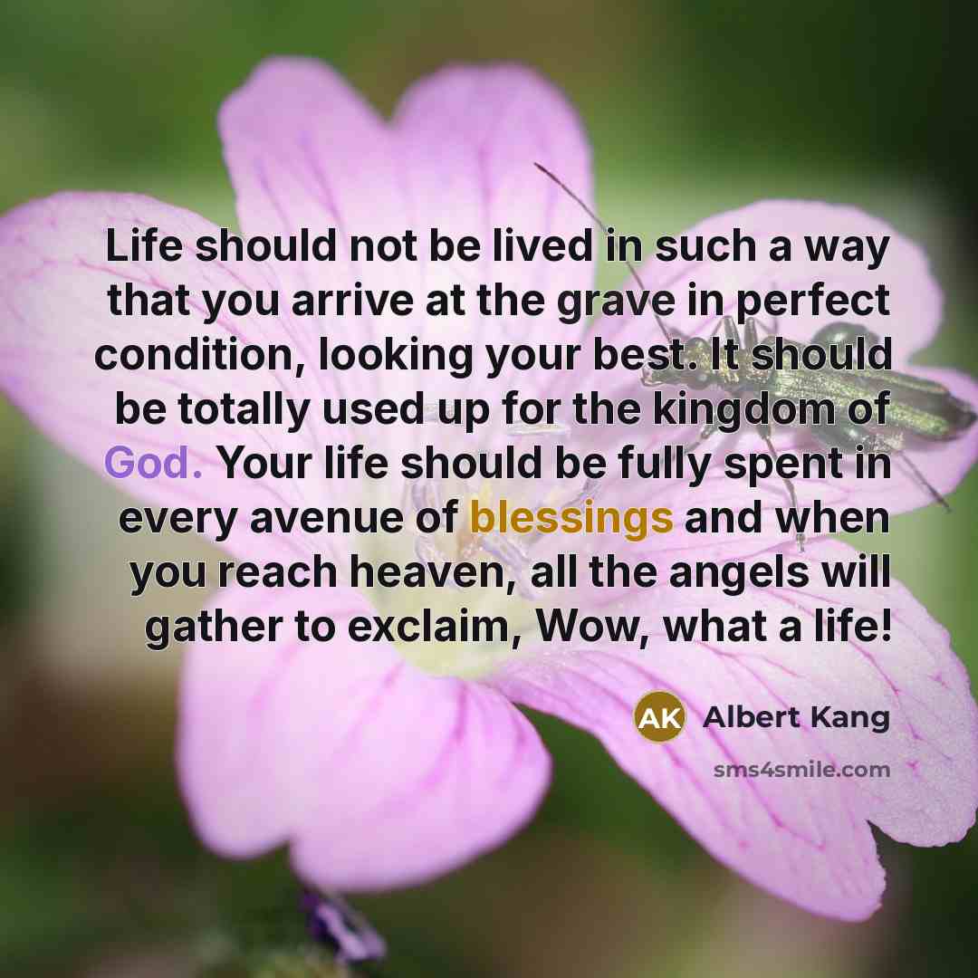 “Life should not be lived in such a way that you arrive at the grave in perfect condition, looking your best. It should be totally used up for the kingdom of God. Your life should be fully spent in every avenue of blessings and when you reach heaven, all the angels will gather to exclaim, Wow, what…” quote by Albert Kang
