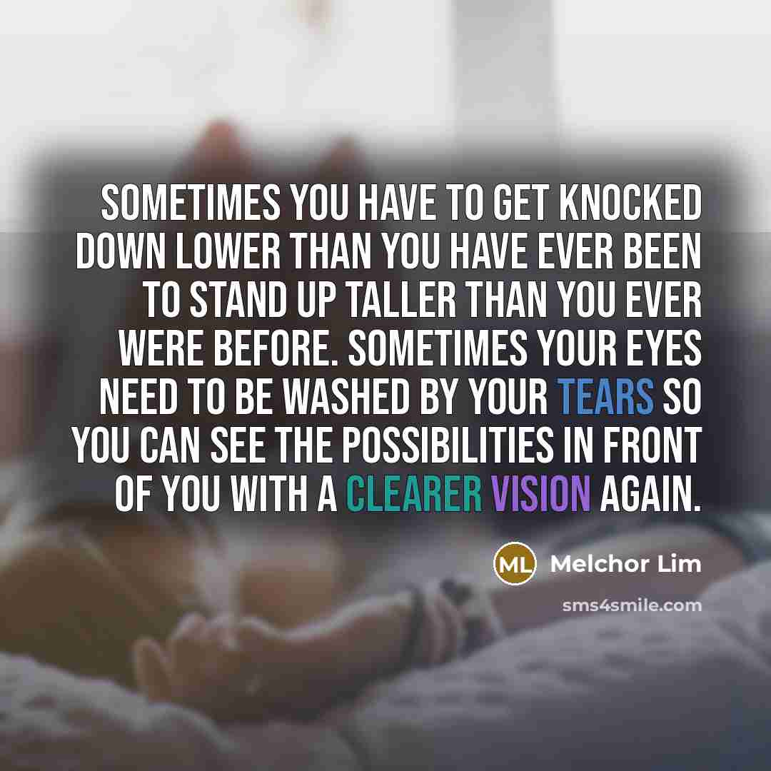 “Sometimes you have to get knocked down lower than you have ever been to stand up taller than you ever were before. Sometimes your eyes need to be washed by your tears so you can see the possibilities in front of you with a clearer vision again.” quote by Melchor Lim
