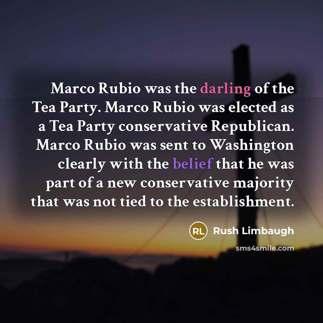 “Marco Rubio was the darling of the Tea Party. Marco Rubio was elected as a Tea Party conservative Republican. Marco Rubio was sent to Washington clearly with the belief that he was part of a new conservative majority that was not tied to the establishment.” quote by Rush Limbaugh