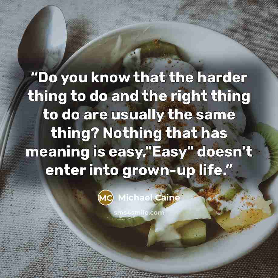 “Do you know that the harder thing to do and the right thing to do are usually the same thing? Nothing that has meaning is easy,"Easy" doesn't enter into grown-up life.” quote by Michael Caine