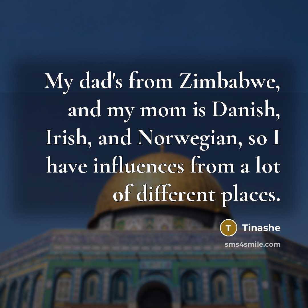 “My dad's from Zimbabwe, and my mom is Danish, Irish, and Norwegian, so I have influences from a lot of different places.” quote by Tinashe