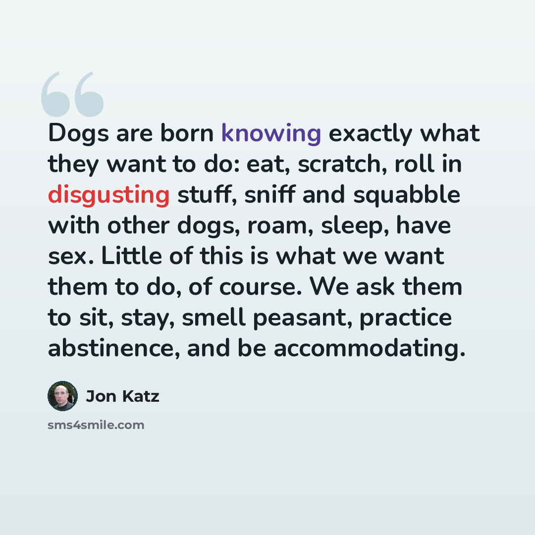 “Dogs are born knowing exactly what they want to do: eat, scratch, roll in disgusting stuff, sniff and squabble with other dogs, roam, sleep, have sex. Little of this is what we want them to do, of course. We ask them to sit, stay, smell peasant, practice abstinence, and be accommodating.” quote by Jon Katz