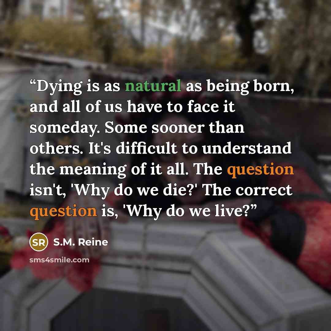 “Dying is as natural as being born, and all of us have to face it someday. Some sooner than others. It's difficult to understand the meaning of it all. The question isn't, 'Why do we die?' The correct question is, 'Why do we live?” quote by S.M. Reine