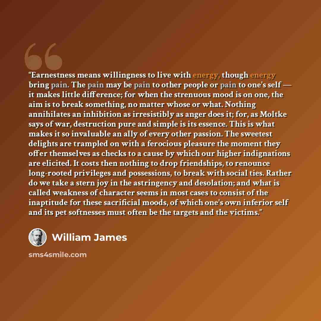“Earnestness means willingness to live with energy, though energy bring pain. The pain may be pain to other people or pain to one's self — it makes little difference; for when the strenuous mood is on one, the aim is to break something, no matter whose or what. Nothing annihilates an inhibition as…” quote by William James