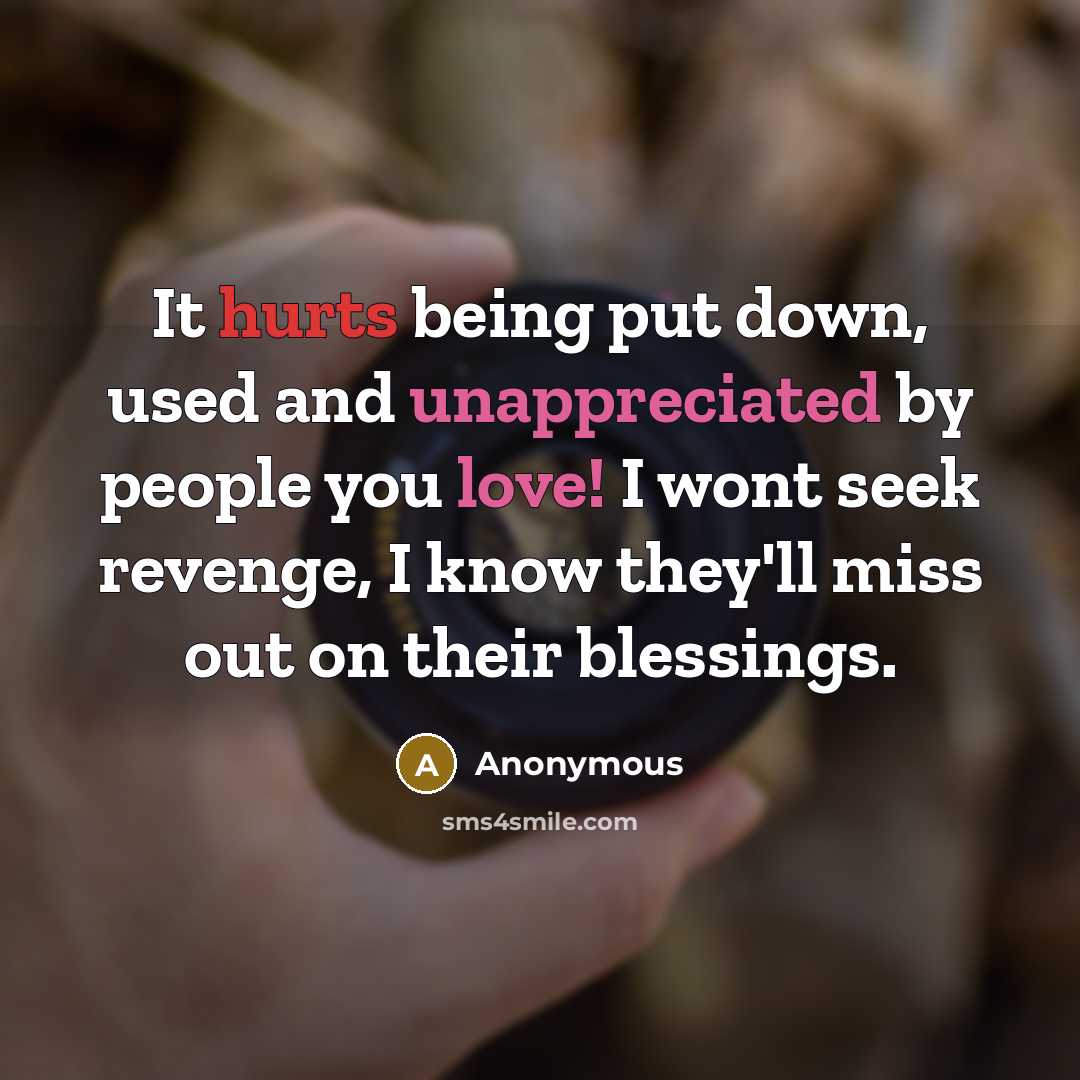 “It hurts being put down, used and unappreciated by people you love! I wont seek revenge, I know they'll miss out on their blessings.” quote by Anonymous