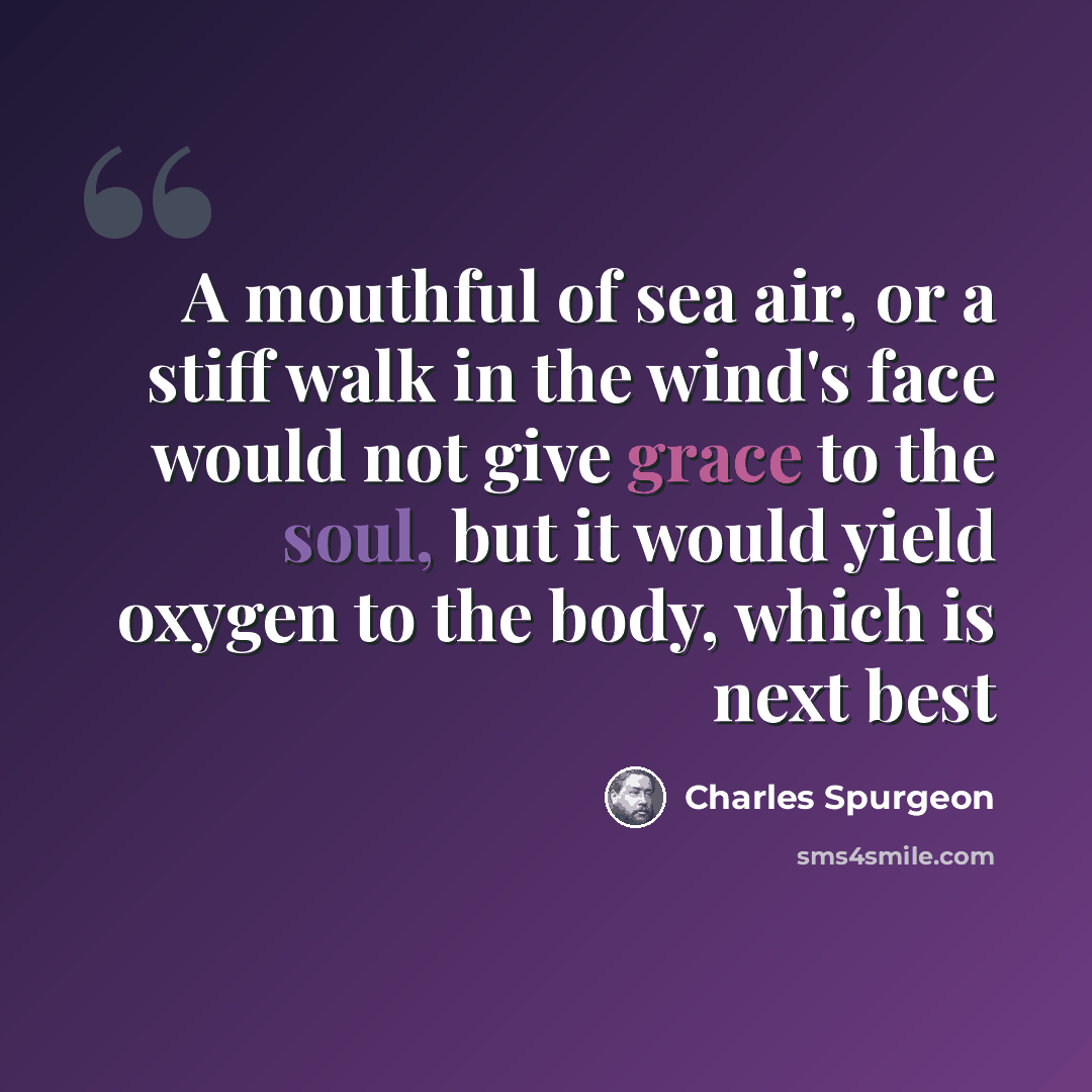 “A mouthful of sea air, or a stiff walk in the wind's face would not give grace to the soul, but it would yield oxygen to the body, which is next best” quote by Charles Spurgeon