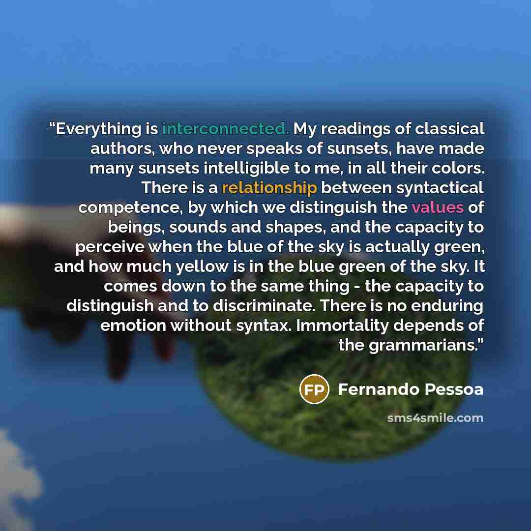 “Everything is interconnected. My readings of classical authors, who never speaks of sunsets, have made many sunsets intelligible to me, in all their colors. There is a relationship between syntactical competence, by which we distinguish the values of beings, sounds and shapes, and the capacity to…” quote by Fernando Pessoa