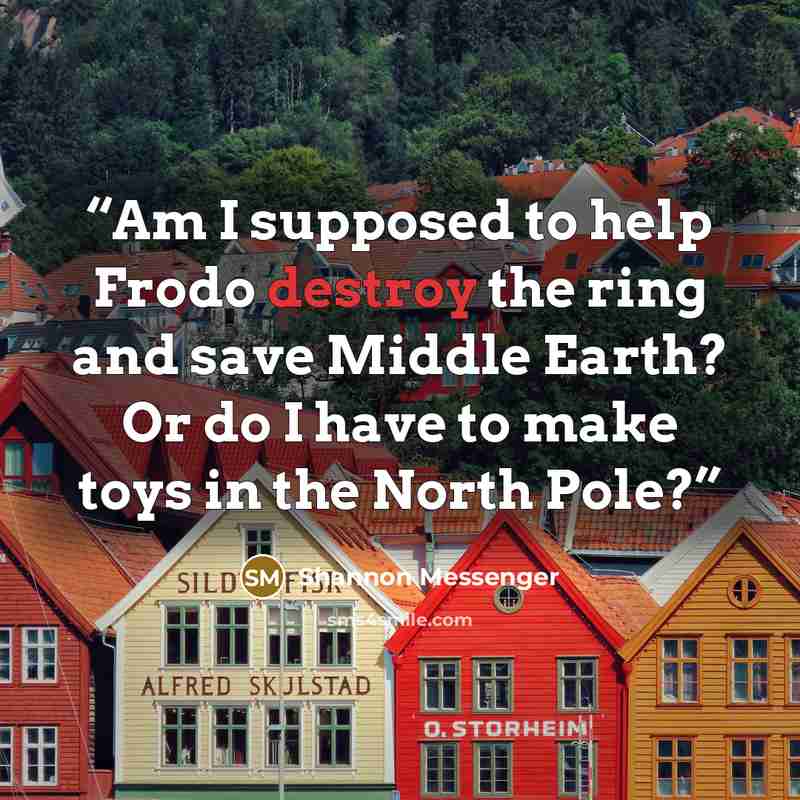 “Am I supposed to help Frodo destroy the ring and save Middle Earth? Or do I have to make toys in the North Pole?” quote by Shannon Messenger
