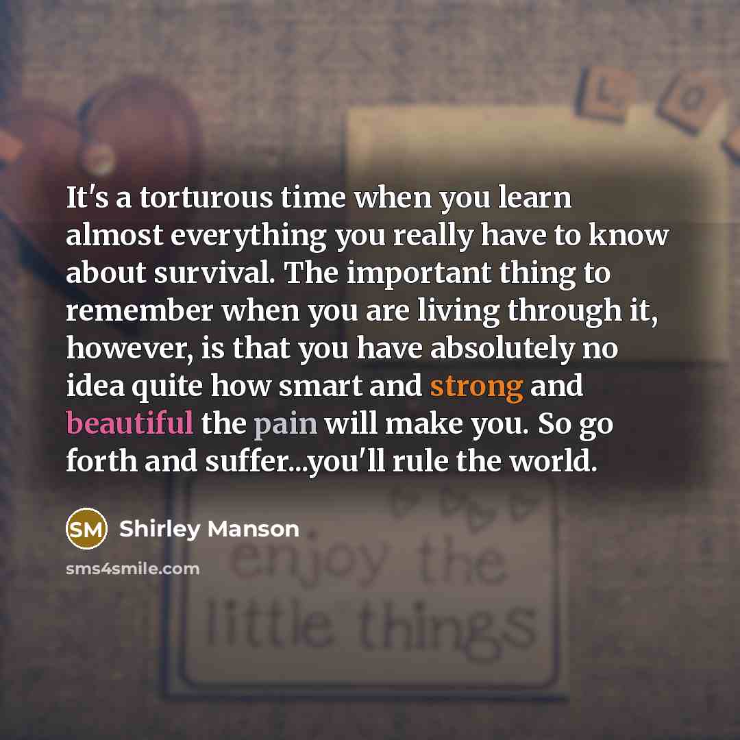 “It's a torturous time when you learn almost everything you really have to know about survival. The important thing to remember when you are living through it, however, is that you have absolutely no idea quite how smart and strong and beautiful the pain will make you. So go forth and…” quote by Shirley Manson