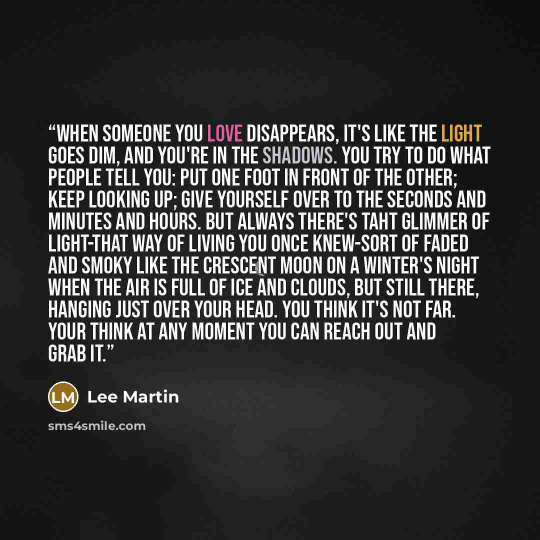 “When someone you love disappears, it's like the light goes dim, and you're in the shadows. You try to do what people tell you: put one foot in front of the other; keep looking up; give yourself over to the seconds and minutes and hours. But always there's taht glimmer of light-that way of living…” quote by Lee Martin
